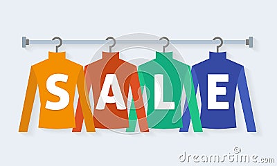 Clothes racks with dresses on hangers. Vector Illustration