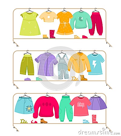 Clothes racks. Wardrobe stands with kids apparel. Isolated simple furniture set for storage and showing clothing Vector Illustration