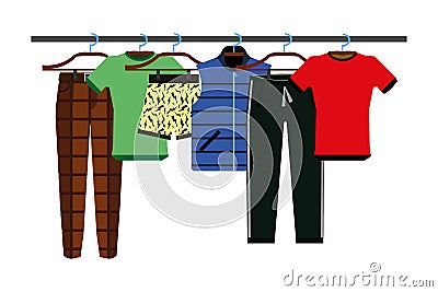 Clothes Racks with Wear on Hangers Set. Vector isolated illustration on white background Flat design EPS Vector Illustration
