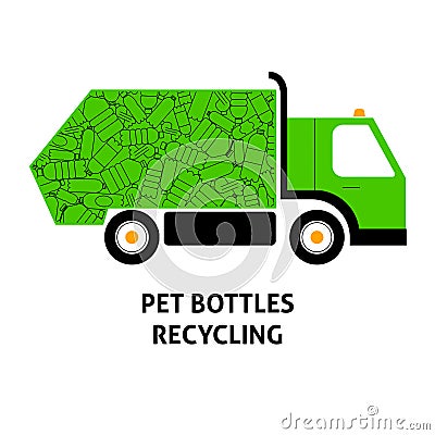 A flat vector image of a garbage truck full with plastic bottles. Vector Illustration