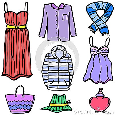 Clothes set object for women of doodles Vector Illustration