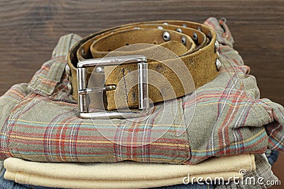 Clothes, shoes and accessories - Closeup belt and group stack pi Stock Photo