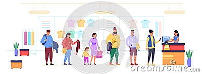 Clothes shopping queue. Shoppers queues at counter cashier clothing shop, crowded multi store with vendor queuing client Vector Illustration