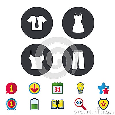 Clothes signs. T-shirt with tie and pants. Vector Illustration