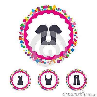 Clothes signs. T-shirt with tie and pants. Vector Illustration