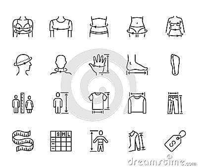 Clothes size flat line icons set. Body measurement waist circumference, hip, chest, sleeve length, height vector Vector Illustration