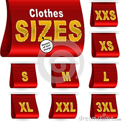 Clothes Size Label Marketing Tag Sticker Sewn Set Red Vector Illustration