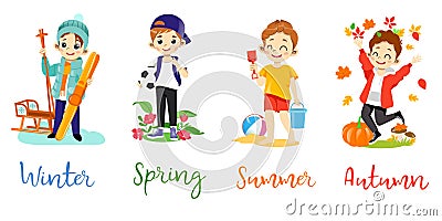 Clothes , Style, Fashion Kids Concept. Set Of Cheerful Cartoon Boy Playing Different Toys Wearing Stylish Casual Clothes Vector Illustration