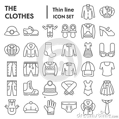 Clothes thin line icon set, clothing symbols collection, vector sketches, logo illustrations, garment signs linear Vector Illustration