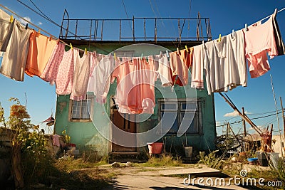 a clothesline with laundry drying in the sun Stock Photo