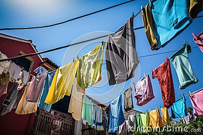 clotheslines with colorful laundry drying in the wind Stock Photo