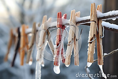 Clothespins hanging with ice. Generate ai Stock Photo