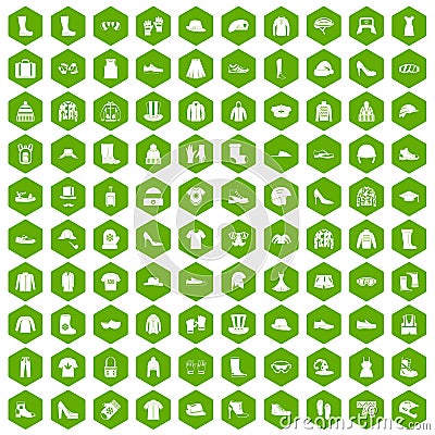 100 clothing and accessories icons hexagon green Vector Illustration