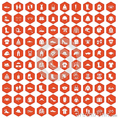 100 clothing and accessories icons hexagon orange Vector Illustration