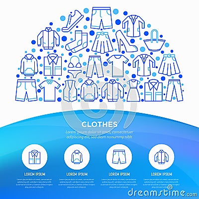 Clothing concept in half circle with thin line icons set: shirt, shoes, pants, hoodie, sneakers, shorts, underwear, dress, skirt, Vector Illustration