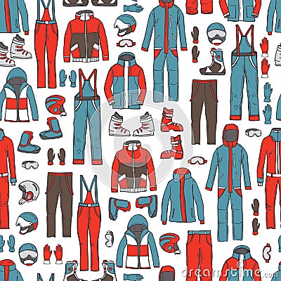 Clothing and equipment for skiers and snowboarders. Vector pattern Vector Illustration