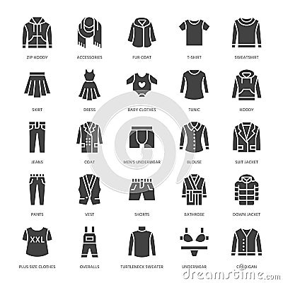 Clothing, fasion flat glyph icons. Mens, womens apparel - dress, down jacket, jeans, underwear, sweatshirt. Silhouette Vector Illustration