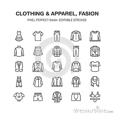 Clothing, fasion flat line icons. Men, women apparel - dress, down jacket, jeans, underwear, sweatshirt. Thin linear Vector Illustration