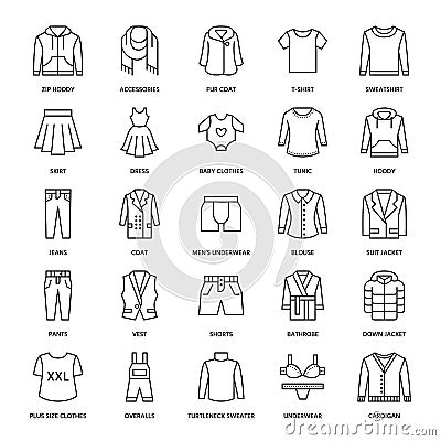 Clothing, fasion flat line icons. Mens, womens apparel - Vector Illustration