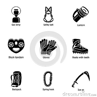 Clothing for hike icons set, simple style Vector Illustration