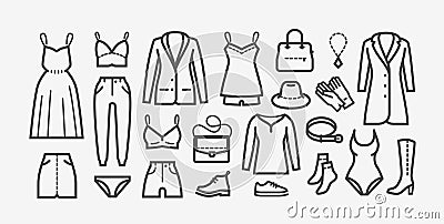 Clothing icon set in linear style. Shopping, fashion vector illustration Vector Illustration