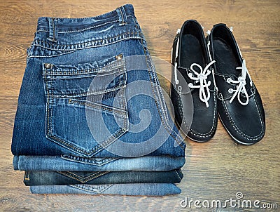 Clothing jeans moccasin shoes Stock Photo