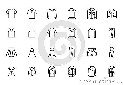 Clothing line icon set. Dress, polo t-shirt, jeans, winter coat, jacket pants, skirt minimal vector illustrations Vector Illustration