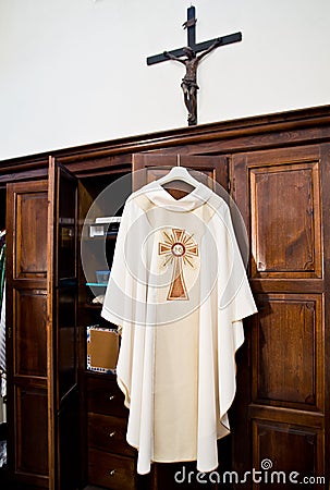 In the sacristy the cassock ready for Holy Mass Stock Photo