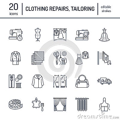 Clothing repair, alterations flat line icons set. Tailor store services - dressmaking, clothes steaming, curtains sewing Vector Illustration
