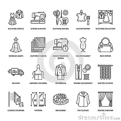 Clothing repair, alterations flat line icons set. Tailor store services - dressmaking, clothes steaming, curtains sewing Vector Illustration