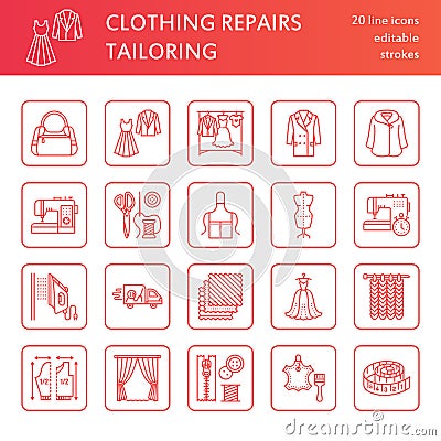 Clothing repair, alterations flat line icons set. Tailor store services - dressmaking, clothes steaming, curtains sewing Vector Illustration