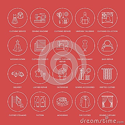 Clothing repair, alterations flat line icons set. Tailor store services - dressmaking, clothes steaming, curtains sewing Vector Illustration