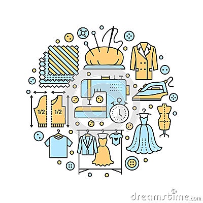 Clothing repair, alterations studio equipment banner illustration. Vector line icon of tailor store services - Vector Illustration