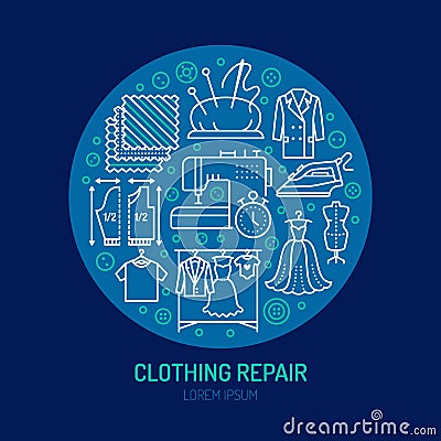 Clothing repair, alterations studio equipment banner illustration. Vector line icon of tailor store services - Vector Illustration