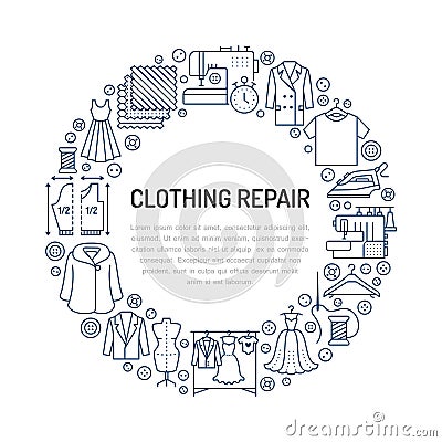 Clothing repair, alterations studio equipment banner illustration. Vector line icon of tailor store services - Vector Illustration