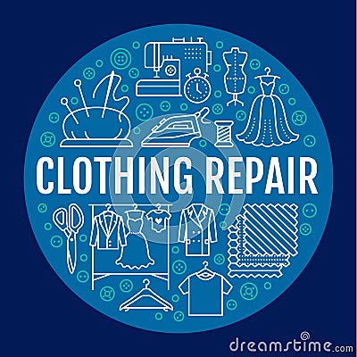 Clothing repair, alterations studio equipment banner illustration. Vector line icons of tailor store services - Vector Illustration