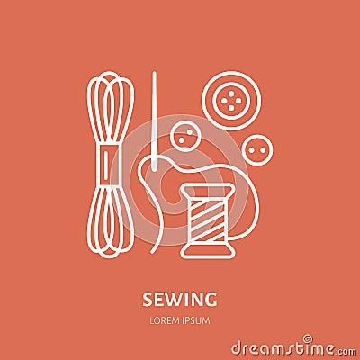 Clothing repair service line logo. Tailor store flat sign, illustration spool of thread, needle and buttons. Hand made Vector Illustration