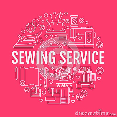 Clothing repair, sewing studio equipment banner illustration. Vector line icon of tailor store services - dressmaking Vector Illustration