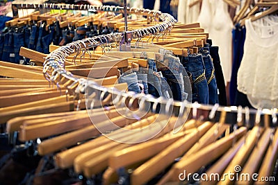 Clothing and retail store-view of shop with jeans.tif Stock Photo