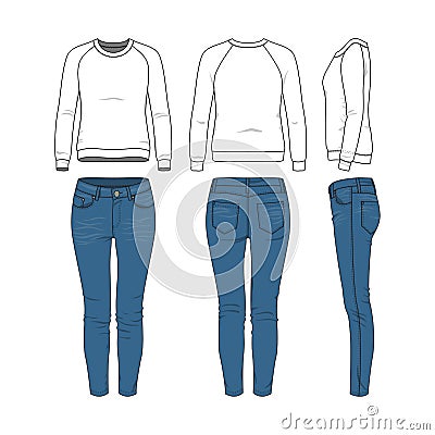 Clothing set. Raglan sweatshirt, jeans. Vector Illustration