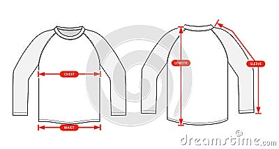 Clothing size chart vector illustration Raglan sleeve shirt Vector Illustration