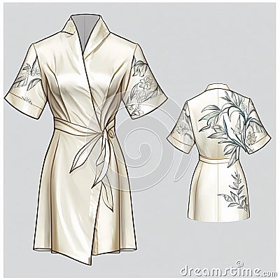 clothing sketch women's white dressing gown with a pattern style design fit. Cartoon Illustration