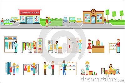 Clothing Store Exterior And People Shopping Set Of Illustrations Vector Illustration