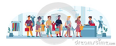 Clothing store queue, people in line to cashier Vector Illustration