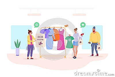 Clothing sustainable fashion. Eco friendly technologies retail fashionable product, ethical bright scene buy recycling Vector Illustration