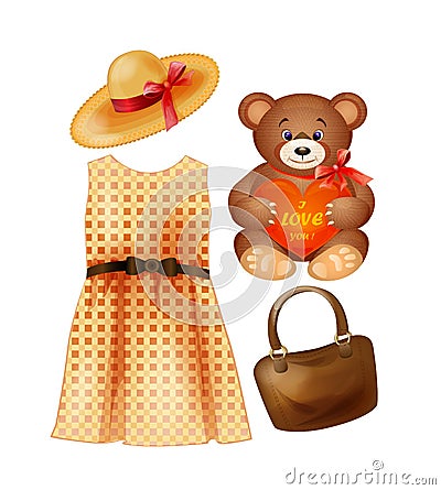 Clothing, toy and accessories for the fashion girls Stock Photo