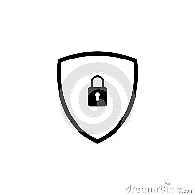 Black filled secure digital shield vector logo with padlock. Vector Illustration