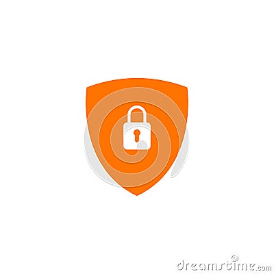 Filled orange secure digital shield vector logo with white padlock. Vector Illustration