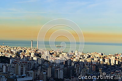 Cloud of air pollution above Jounieh, Lebanon with a perspective on Kaslik and atmospheric pollution Stock Photo