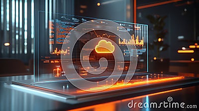 Cloud analytic tools, A stunning holographic projection of a cloud network analytics dashboard, highlighting key performance Stock Photo